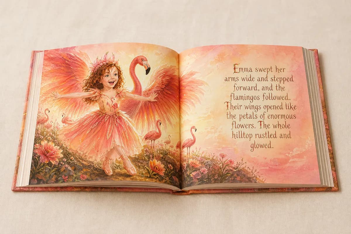Inside Emma's book — an open hardcover showing a watercolor illustration