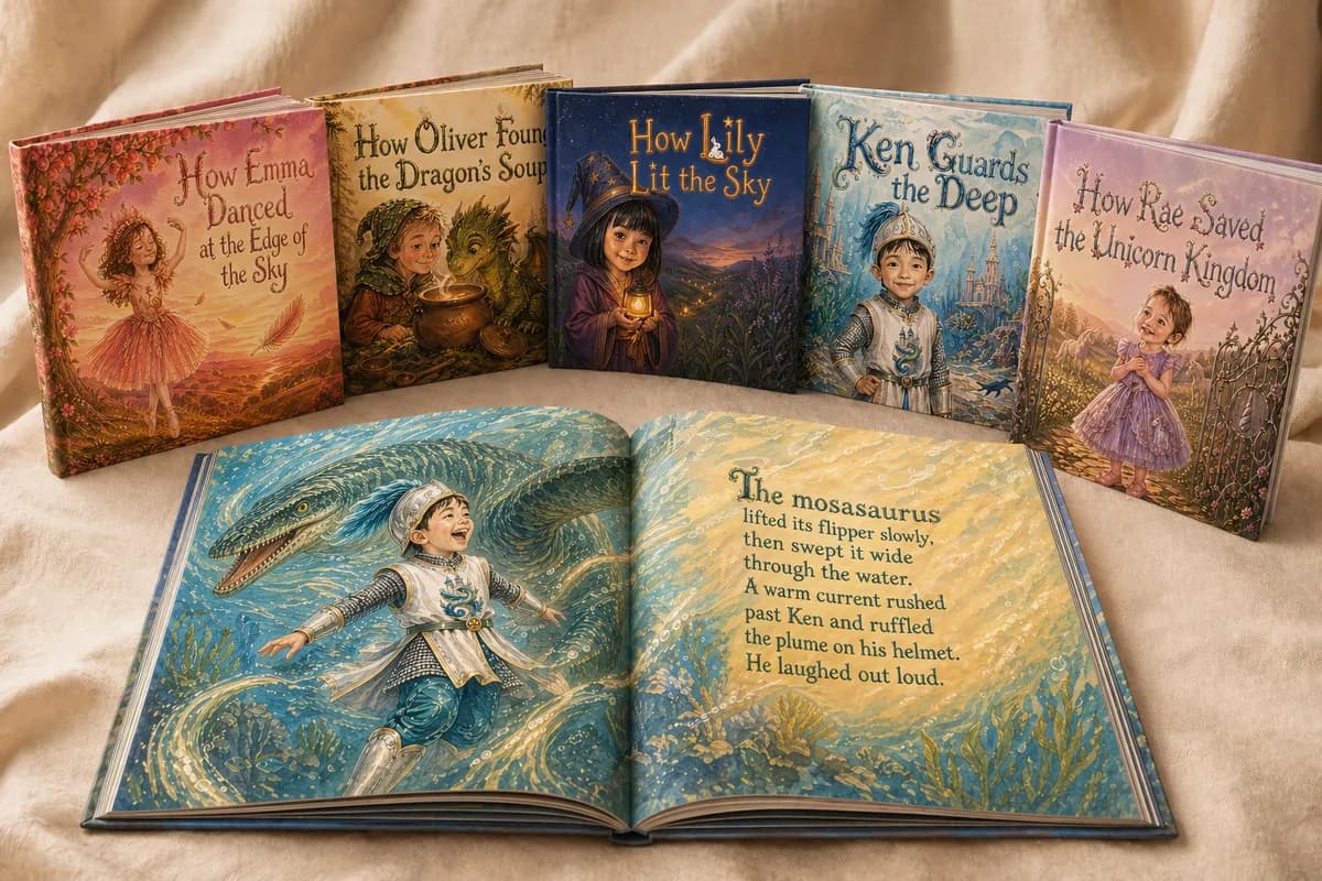 Six personalized children's picture books with one open showing a watercolor illustration