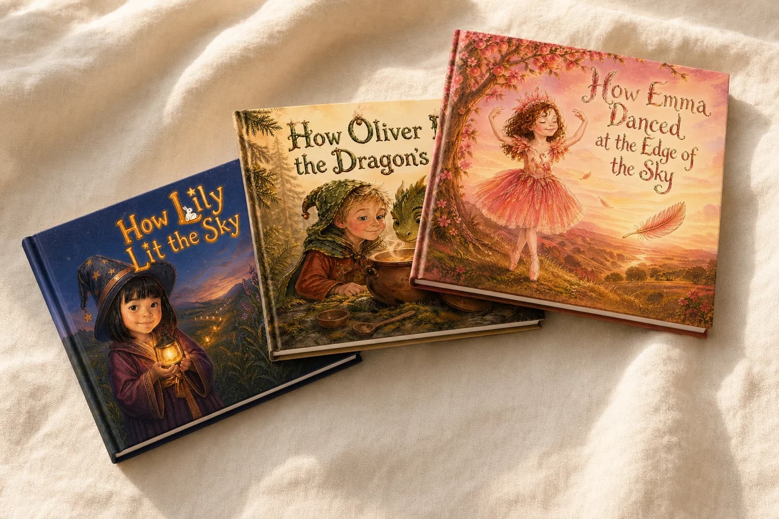 Three Story Splash books stacked on linen — How Lily Lit the Sky, How Oliver Found the Dragon's Soup, and How Emma Danced at the Edge of the Sky